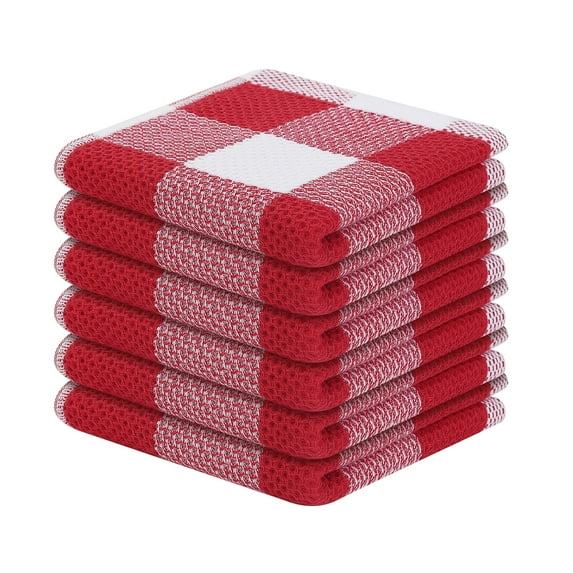 decorUhome 6-pack 100% Cotton Waffle Weave Kitchen Dish Cloth, 12x12 Inches, Super Soft and Absorbent Dish Towels, Red & White