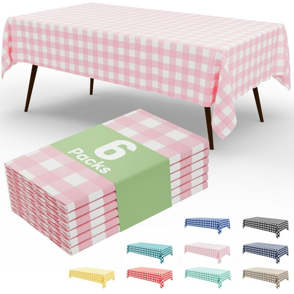 decorUhome 6Pcs Disposable Tablecloth for Rectangular Table, 54x108 Inch Pink and White Checkered Table cover for Party, Birthday, Picnic