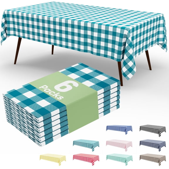 decorUhome 6Pcs Disposable Tablecloth for Rectangular Table, 54x108 Inch Turquoise and White Checkered Table cover for Party, Birthday, Picnic