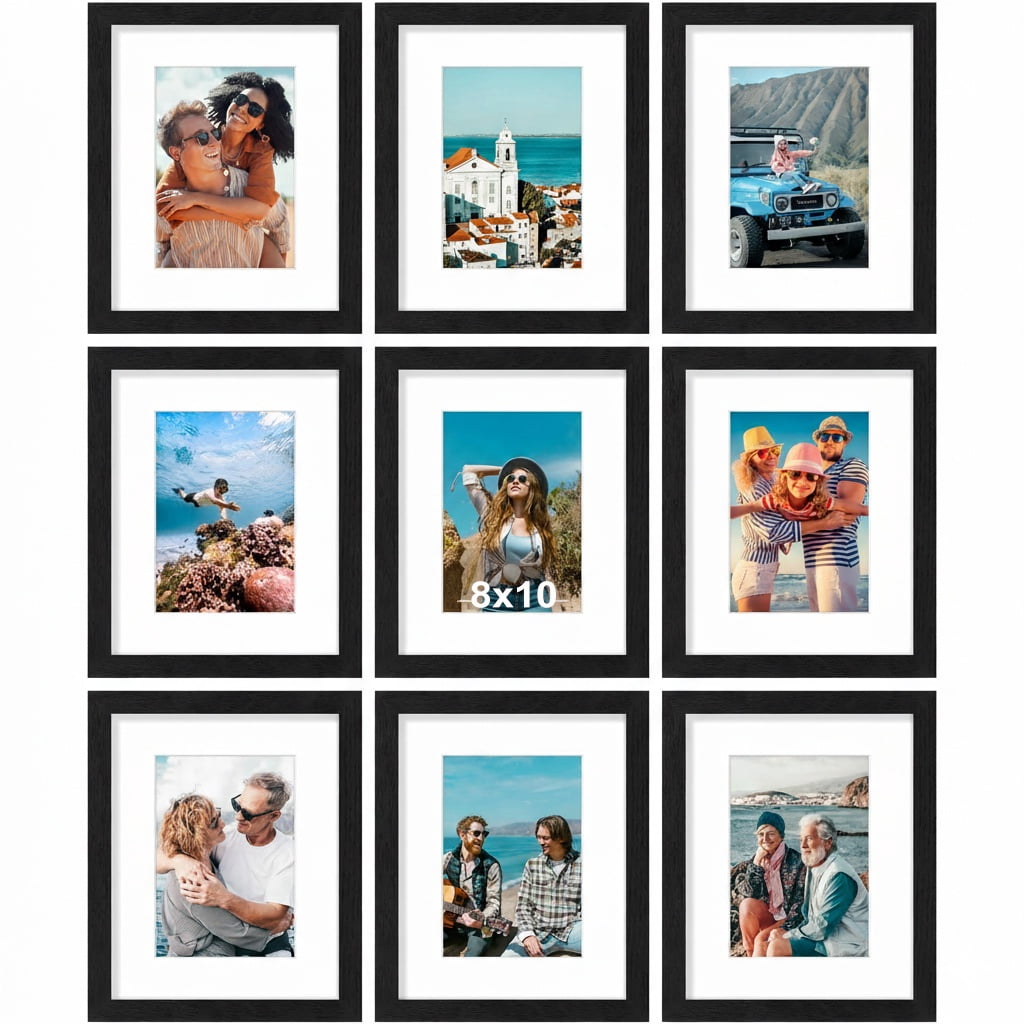 decorUhome 8x10 Black Picture Frame Set of 9, Display 5x7 Pictures with Mat or 8x10 without Mat, Photo Frames for Wall or Tabletop
