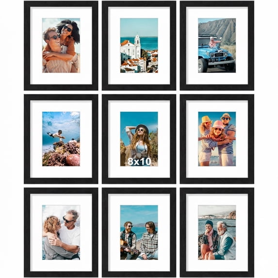 decorUhome 8x10 Black Picture Frame Set of 9, Display 5x7 Pictures with Mat or 8x10 without Mat, Photo Frames for Wall or Tabletop