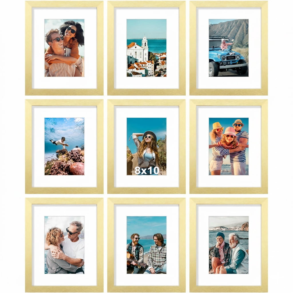 decorUhome 8x10 Gold Picture Frame Set of 9, Display 5x7 Pictures with Mat or 8x10 without Mat, Photo Frames for Wall or Tabletop