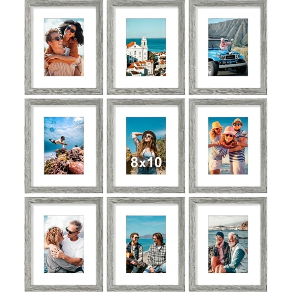 decorUhome 8x10 Grey Picture Frame Set of 9, Display 5x7 Pictures with Mat or 8x10 without Mat, Photo Frames for Wall or Tabletop
