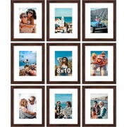decorUhome 8x10 Walnut Picture Frame Set of 9, Display 5x7 Pictures with Mat or 8x10 without Mat, Photo Frames for Wall or Tabletop