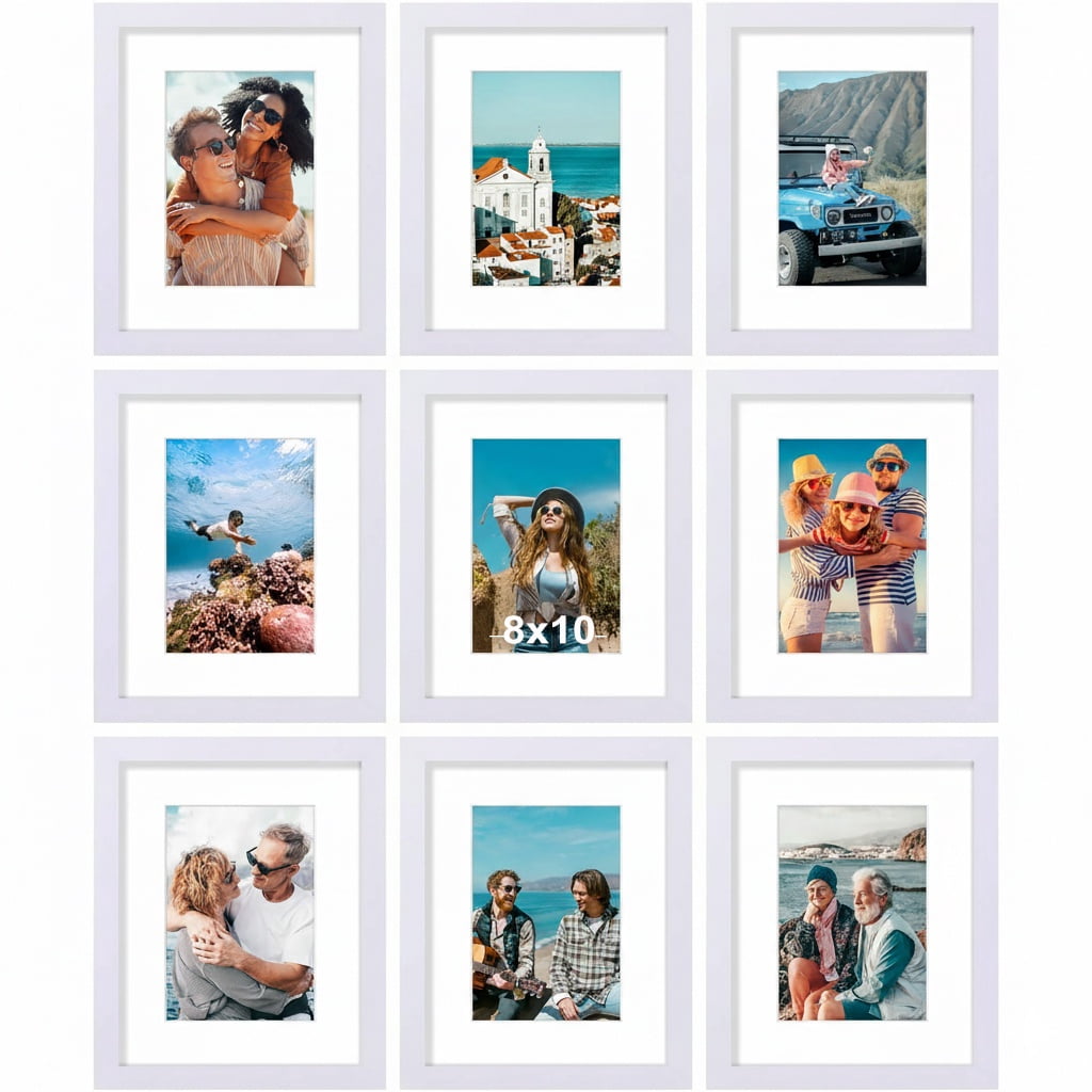 decorUhome 8x10 White Picture Frame Set of 9, Display 5x7 Pictures with Mat or 8x10 without Mat, Photo Frames for Wall or Tabletop