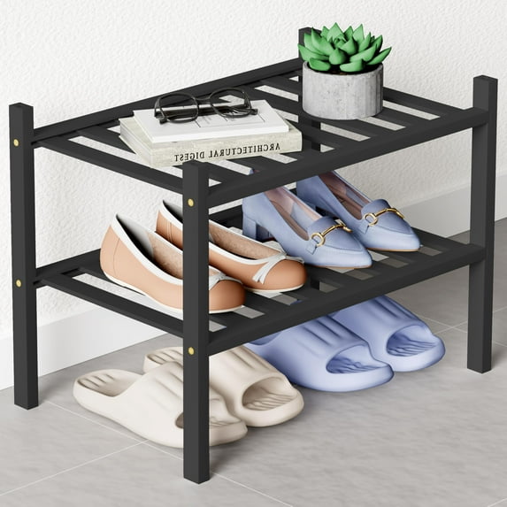 decorUhome Bamboo 2 Tier Song Small Shoe Rack for Closet, Shoe Storage Organizer, Wood Shoe Shelf for Entryway, Black