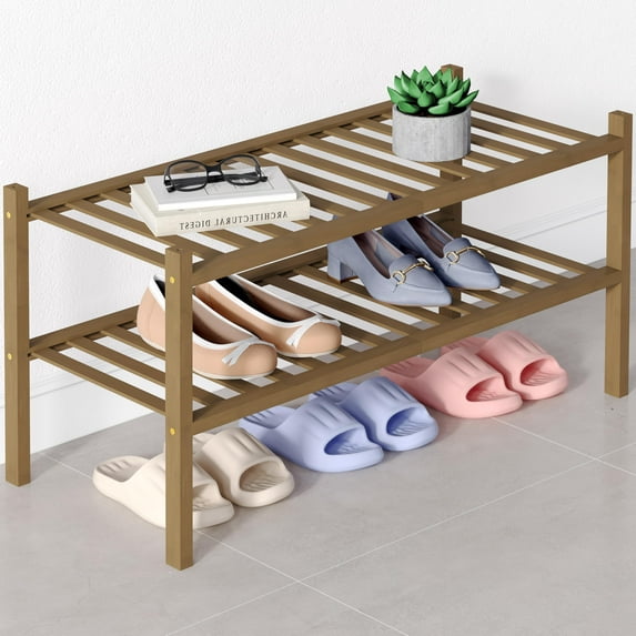 decorUhome Bamboo 2 Tier Shoe Rack for Closet, Shoe Storage Organizer, Wood Shoe Shelf for Entryway, walnut