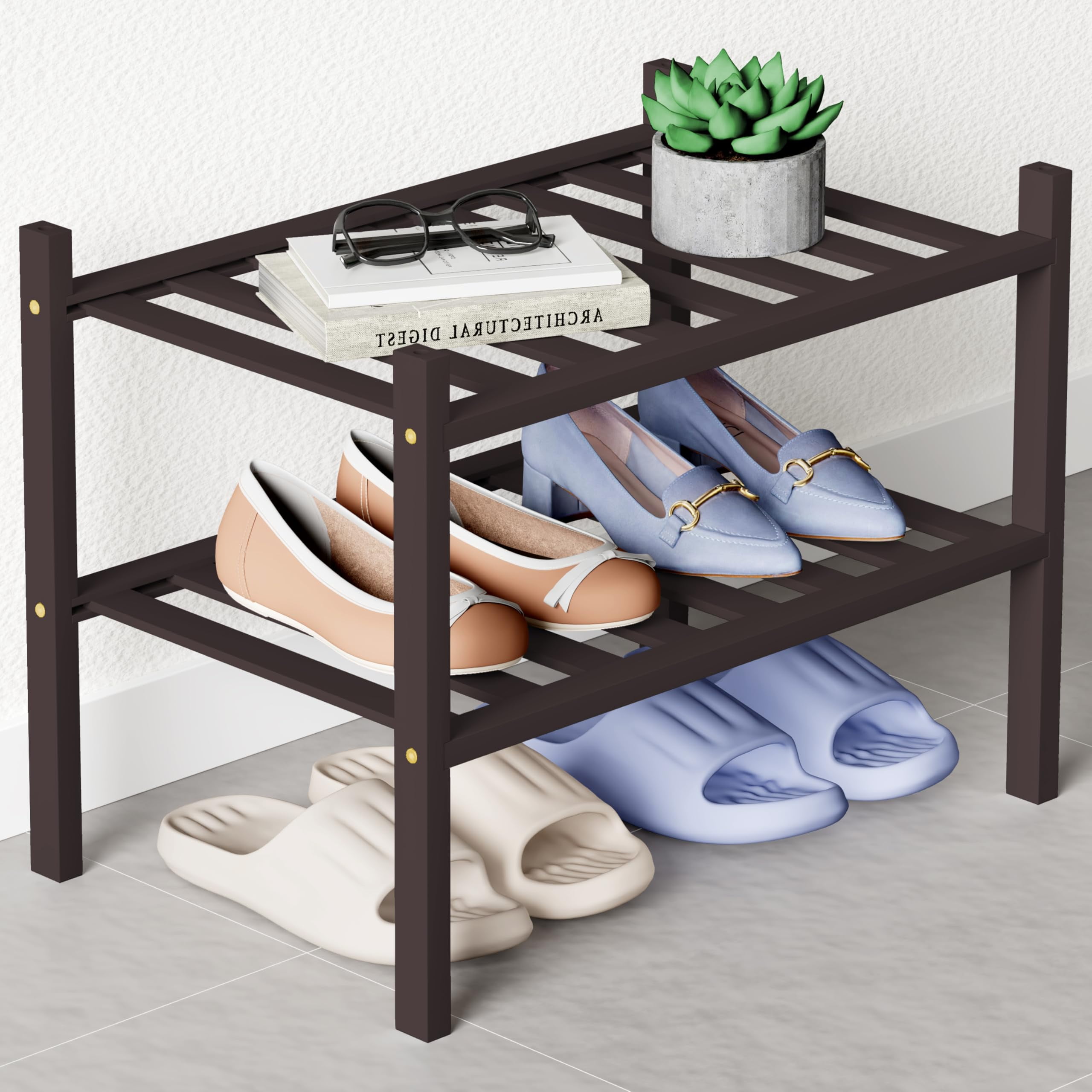 decorUhome Bamboo 2 Tier Small Shoe Rack for Closet, Shoe Storage Organizer, Wood Shoe Shelf for Entryway, Brown