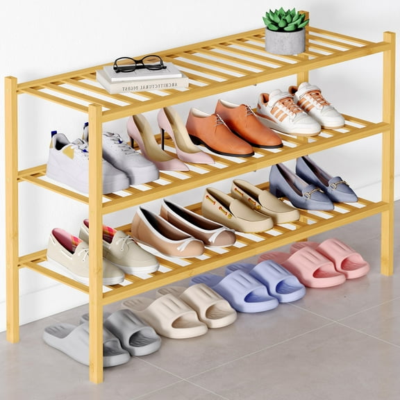 decorUhome Bamboo 3 Tier Long Shoe Rack for Closet, Shoe Storage Organizer, Wood Shoe Shelf for Entryway, Natural