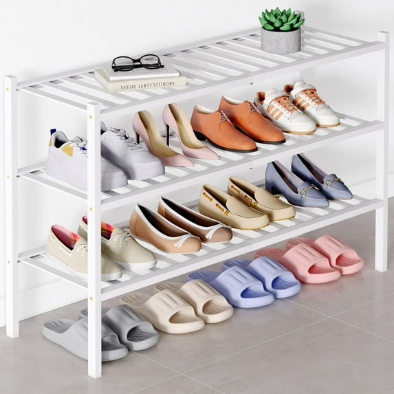 decorUhome Bamboo 3 Tier Long Shoe Rack for Closet, Shoe Storage Organizer, Wood Shoe Shelf for Entryway, White