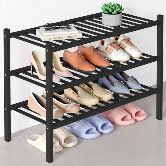 decorUhome Bamboo 3 Tier Shoe Rack for Closet, Shoe Storage Organizer, Wood Shoe Shelf for Entryway, Black