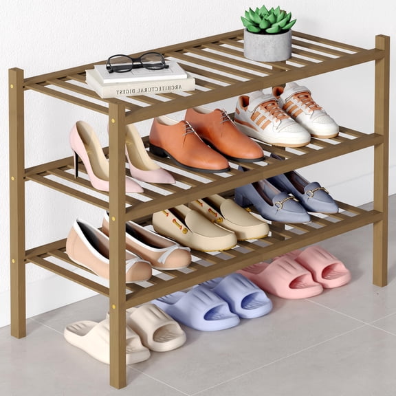 decorUhome Bamboo 3 Tier Shoe Rack for Closet, Shoe Storage Organizer, Wood Shoe Shelf for Entryway, walnut