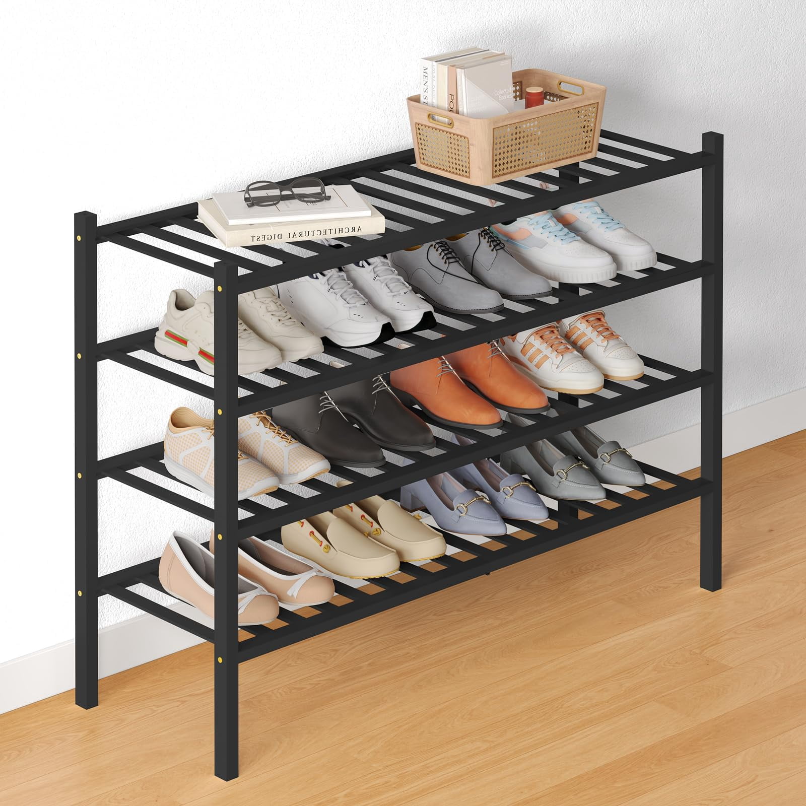 decorUhome Bamboo 4 Tier Long Shoe Rack for Closet, Shoe Storage ...