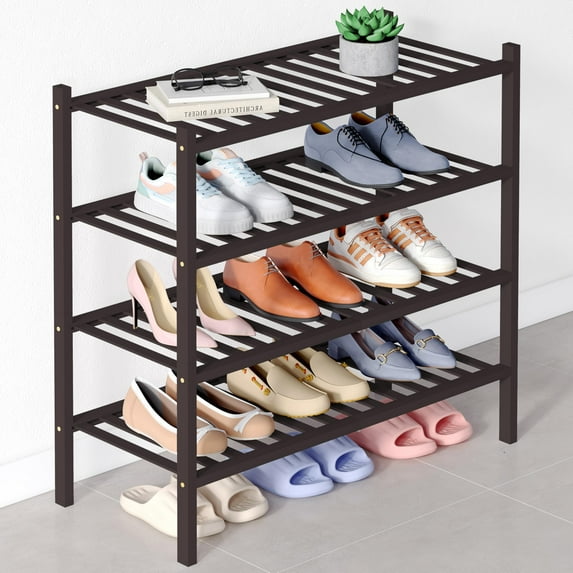 decorUhome Bamboo 4 Tier Shoe Rack for Closet, Shoe Storage Organizer, Wood Shoe Shelf for Entryway, Brown