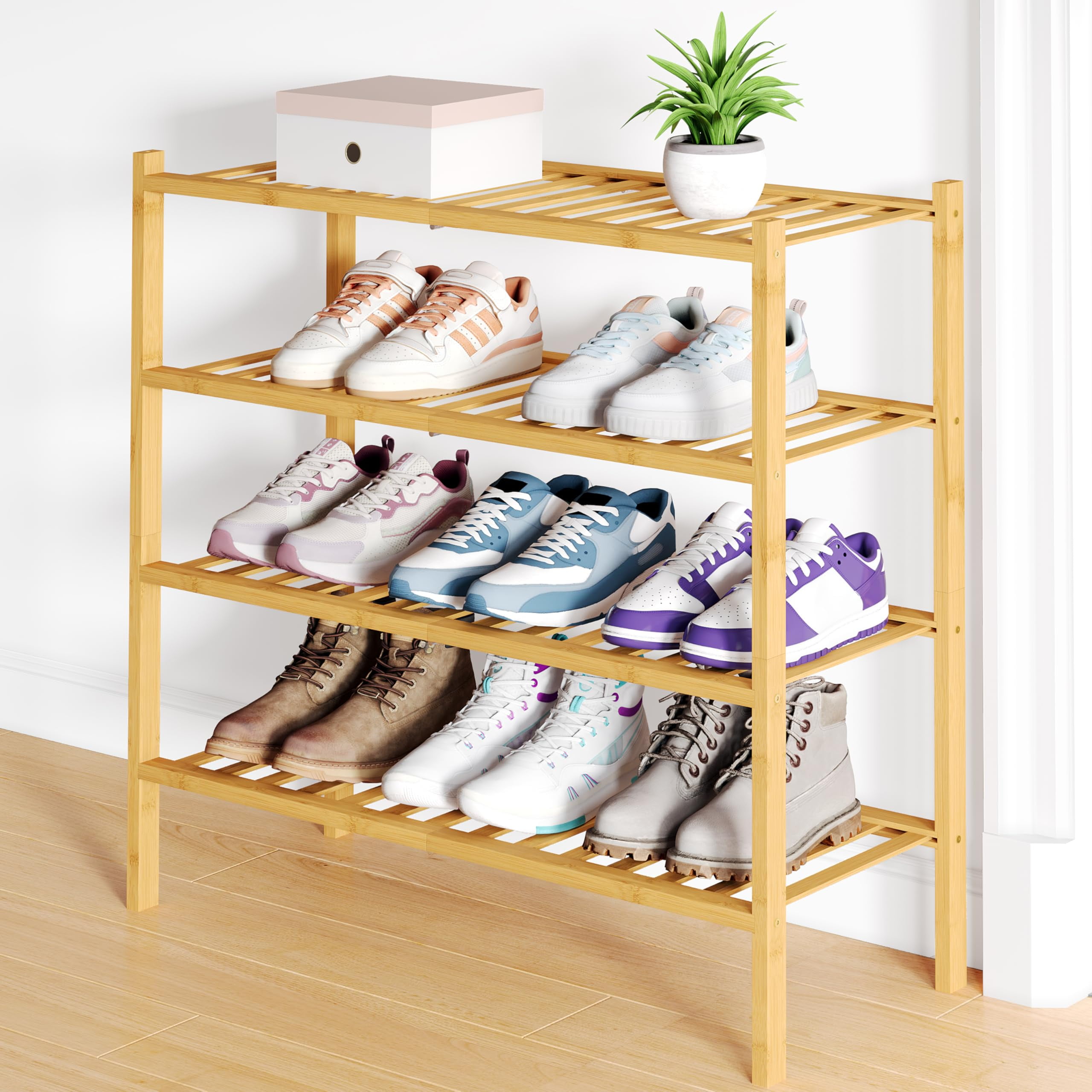 decorUhome Bamboo 4 Tier Shoe Rack for Closet, Shoe Storage Organizer, Wood Shoe Shelf for Entryway, Natural