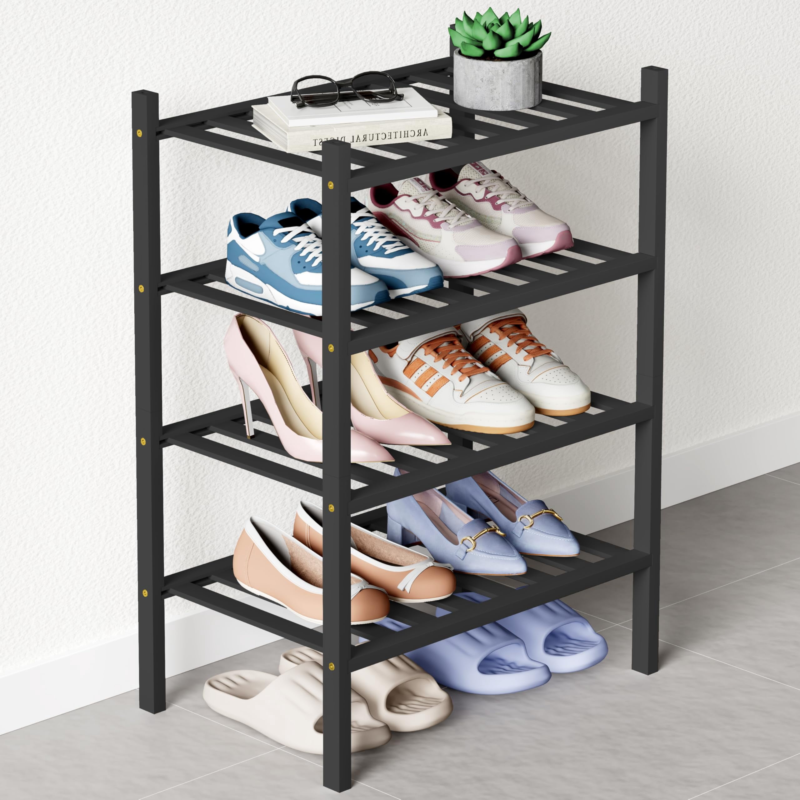 decorUhome Bamboo 4 Tier Small Shoe Rack for Closet, Shoe Storage Organizer, Wood Shoe Shelf for Entryway, Black