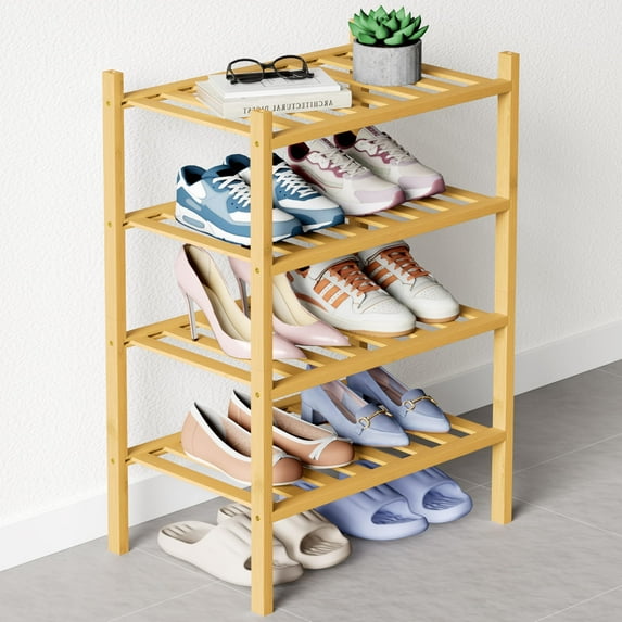 decorUhome Bamboo 4 Tier Small Shoe Rack for Closet, Shoe Storage Organizer, Wood Shoe Shelf for Entryway, Natural