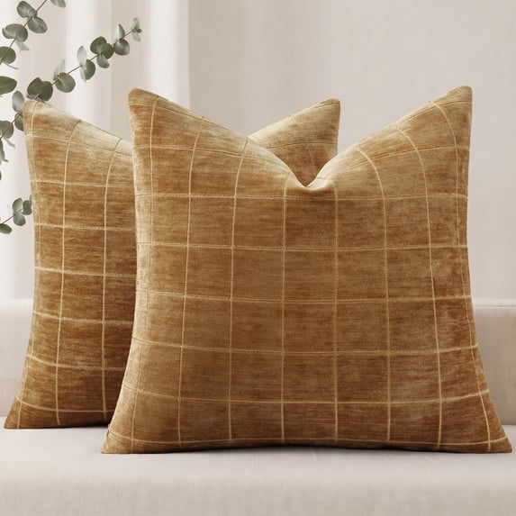decorUhome Chenille Plaid Throw Pillow Covers 18x18 Set of 2, Soft Textured Couch Pillow Cases for Living Room Sofa Bed Home Decor, Camel