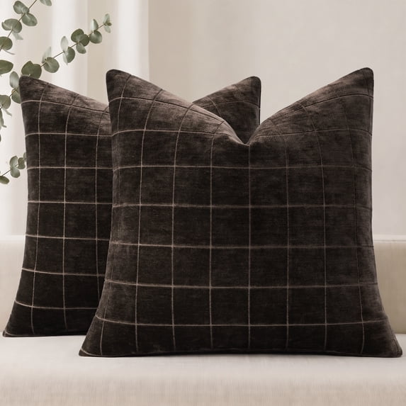 decorUhome Chenille Plaid Throw Pillow Covers 18x18 Set of 2, Soft Textured Couch Pillow Cases for Living Room Sofa Bed Home Decor, Dark Brown