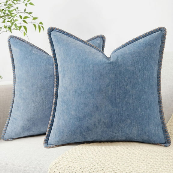 decorUhome Chenille Throw Pillow Covers 18x18 Set of 2, Soft Farmhouse Decorative Pillow Covers, Blue(Pillow Cover Only, No Inserts Included)