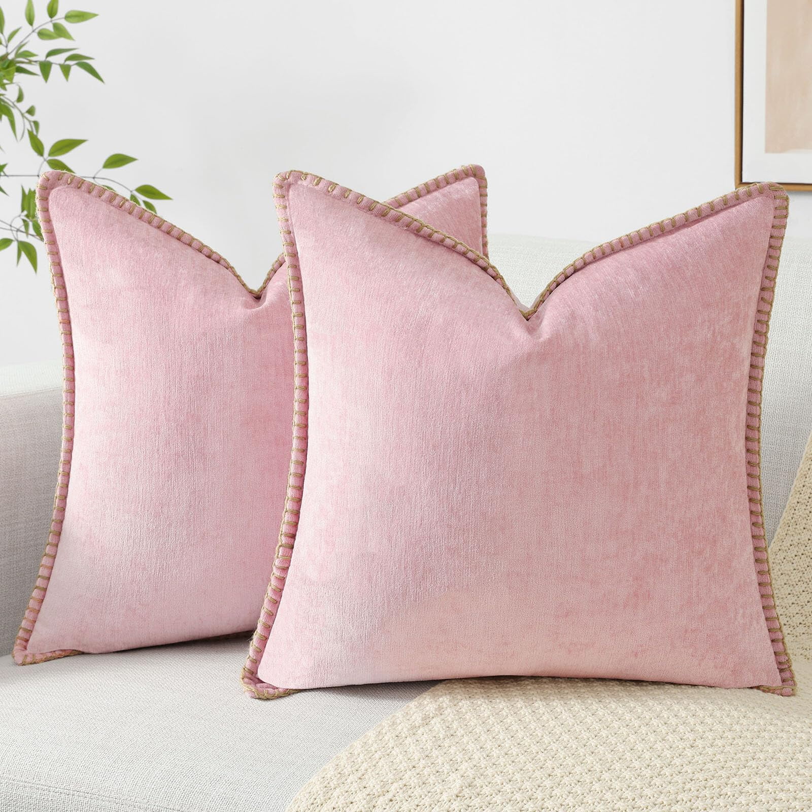decorUhome Chenille Throw Pillow Covers 18x18 Set of 2, Soft Farmhouse Decorative Pillow Covers, Blush Pink(Pillow Cover Only, No Inserts Included)