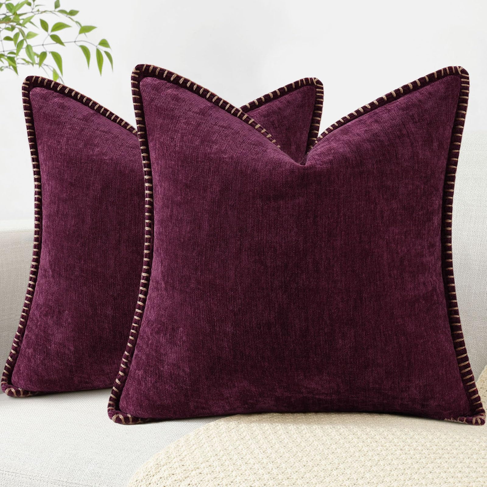 decorUhome Chenille Throw Pillow Covers 18x18 Set of 2, Soft Farmhouse Decorative Pillow Covers, Rhododendron(Pillow Cover Only, No Inserts Included)