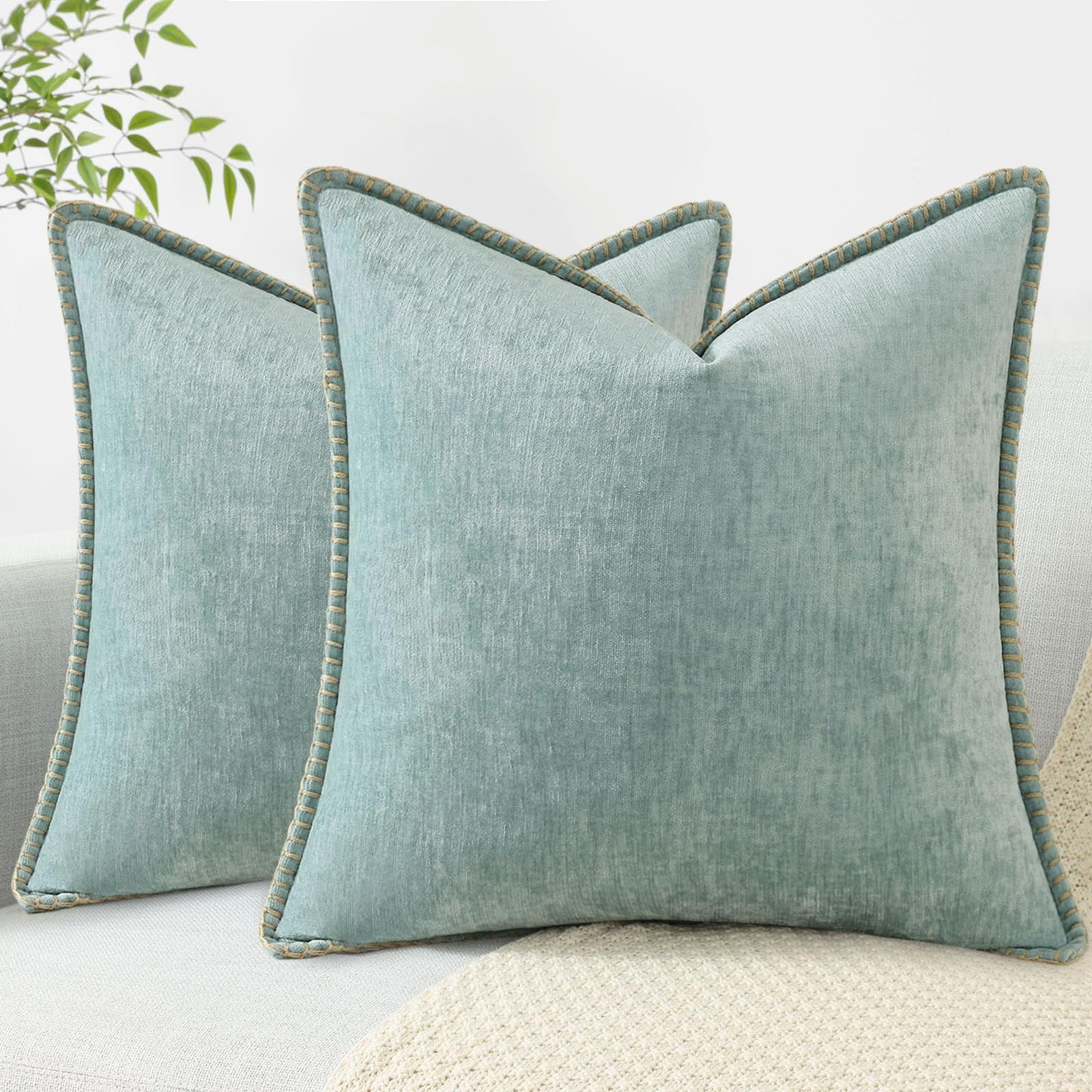 decorUhome Chenille Throw Pillow Covers 20x20 Set of 2, Soft Farmhouse Decorative Pillow Covers, Aqua Haze(Pillow Cover Only, No Inserts Included)