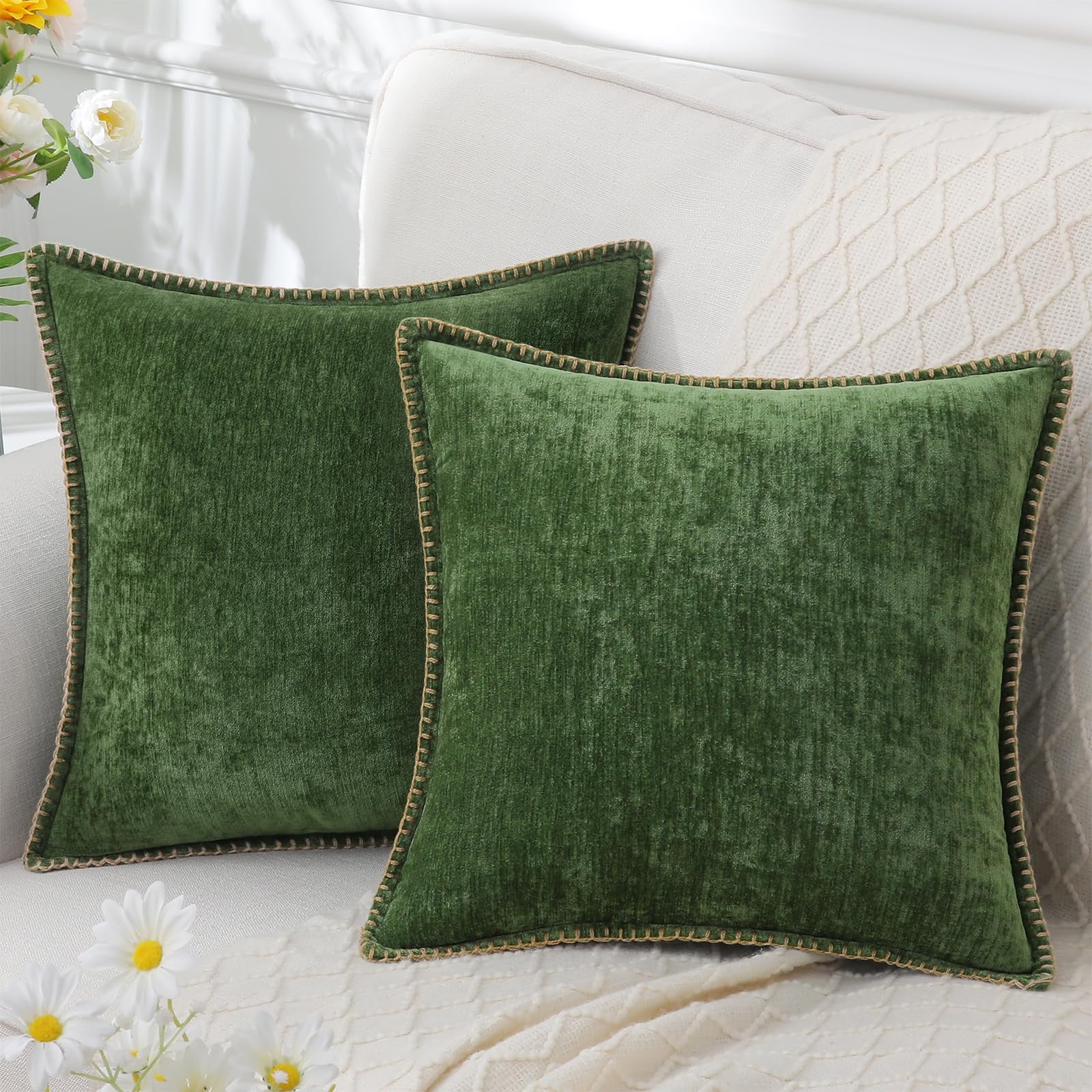 decorUhome Chenille Throw Pillow Covers 24x24 Set of 2, Soft Farmhouse