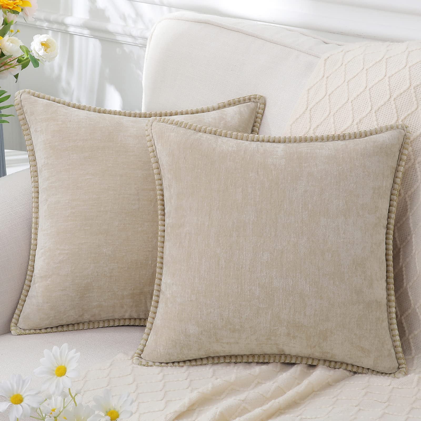 decorUhome Chenille Throw Pillow Covers 26x26 Set of 2, Soft Farmhouse