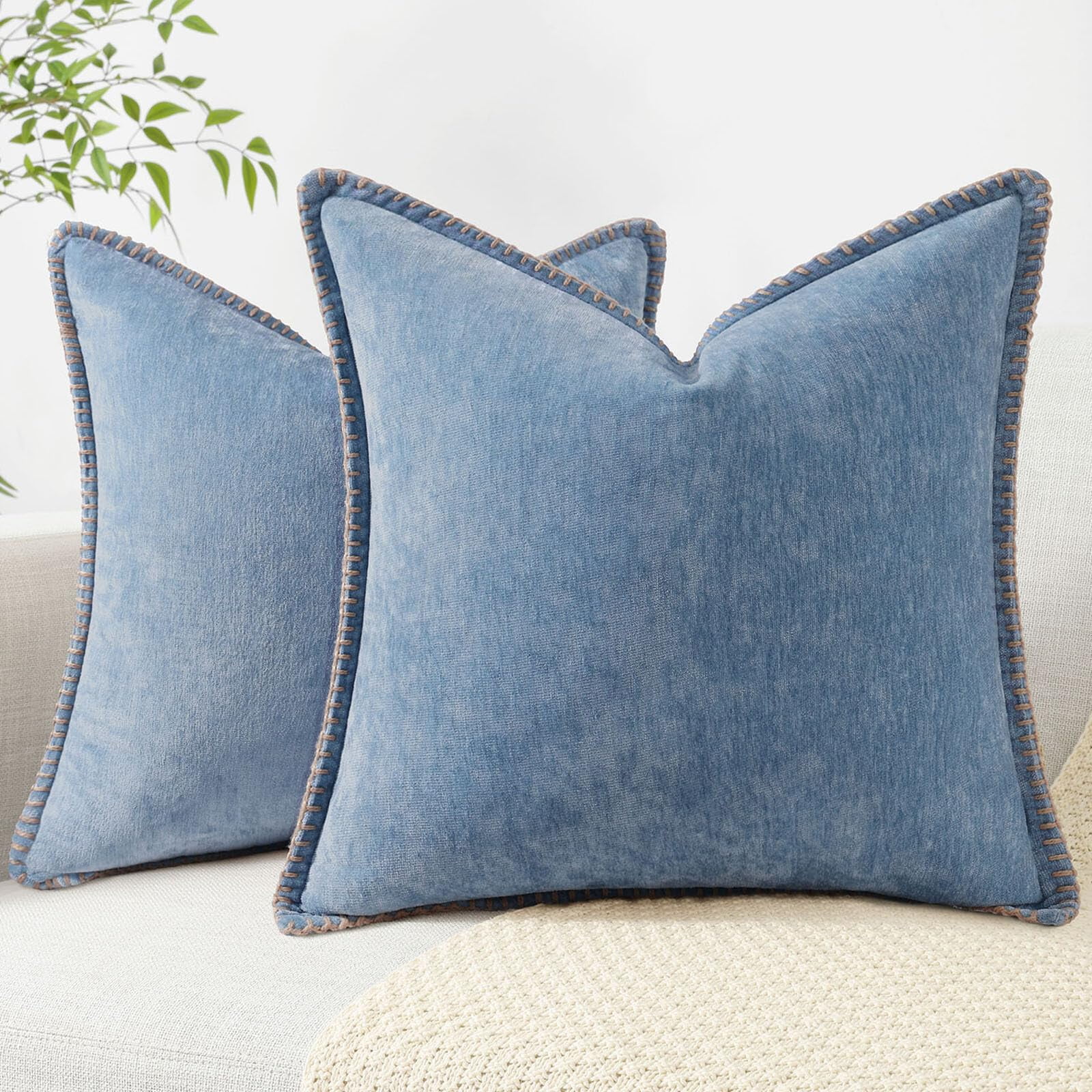 decorUhome Chenille Throw Pillow Covers 26x26 Set of 2, Soft Farmhouse Decorative Pillow Covers, Blue(Pillow Cover Only, No Inserts Included)