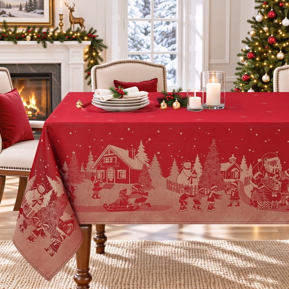 decorUhome Christmas Jacquard Rectangle Tablecloth, Waterproof Wrinkle Resistant Holiday Decor Table Cover, Red, 52"x70"