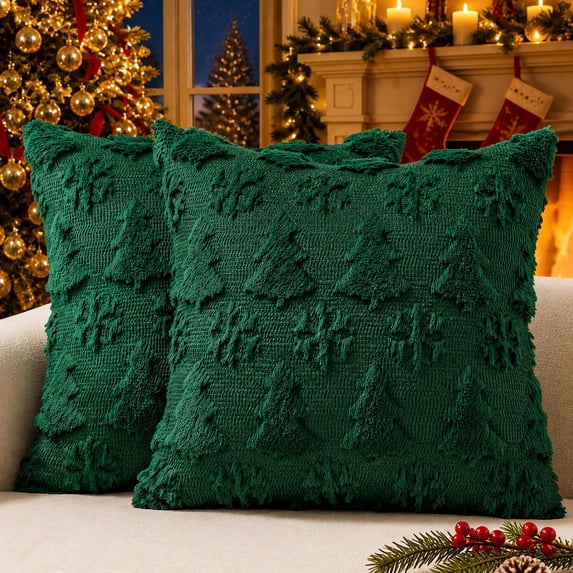 decorUhome Christmas Throw Pillow Covers 16x16 Pack of 2, Soft Plush Faux Wool Couch Pillow Covers, Christmas Green (Pillow Cover Only, No Inserts Included)