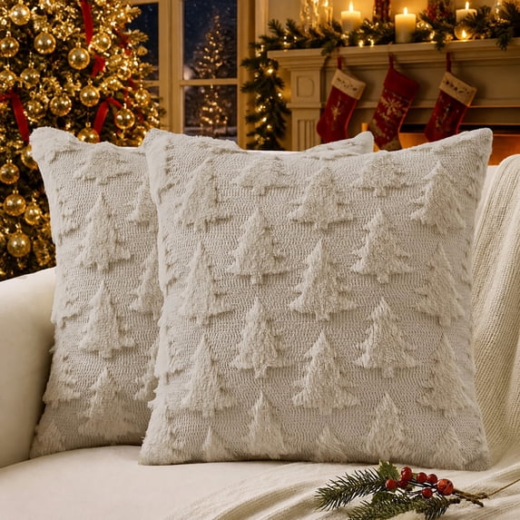 decorUhome Christmas Throw Pillow Covers 16x16 Pack of 2, Soft Plush Faux Wool Couch Pillow Covers, Beige (Pillow Cover Only, No Inserts Included)