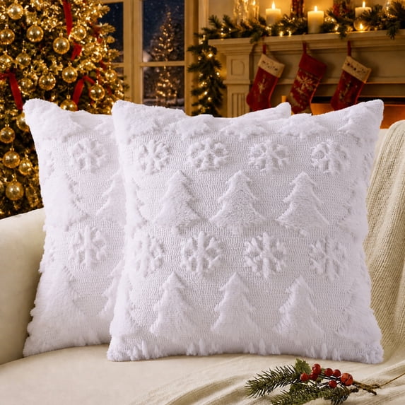 decorUhome Christmas Throw Pillow Covers 16x16 Pack of 2, Soft Plush Faux Wool Couch Pillow Covers, White (Pillow Cover Only, No Inserts Included)