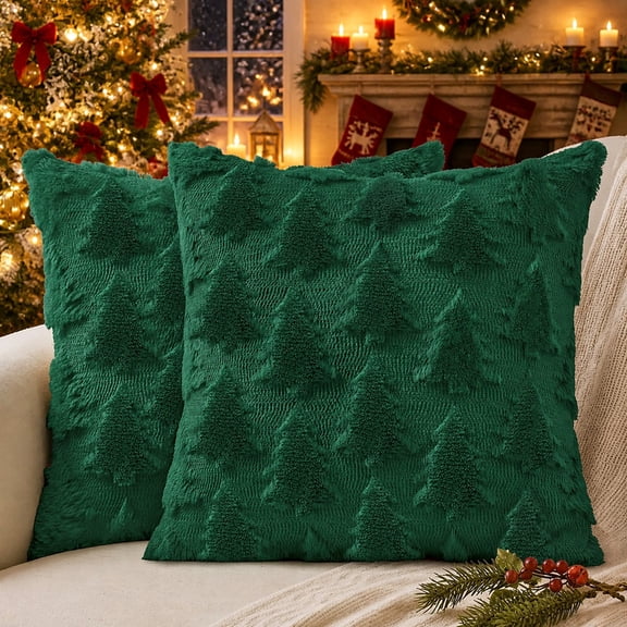 decorUhome Christmas Throw Pillow Covers 18x18 Pack of 2, Soft Plush Faux Wool Couch Pillow Covers, Christmas Green (Pillow Cover Only, No Inserts Included)