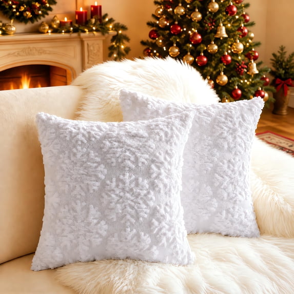 decorUhome Christmas Throw Pillow Covers 18x18 Pack of 2, Soft Plush Faux Wool Couch Pillow Covers, White (Pillow Cover Only, No Inserts Included)