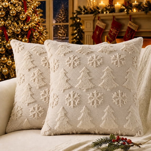 decorUhome Christmas Throw Pillow Covers 20x20 Pack of 2, Soft Plush Faux Wool Couch Pillow Covers, Beige (Pillow Cover Only, No Inserts Included)
