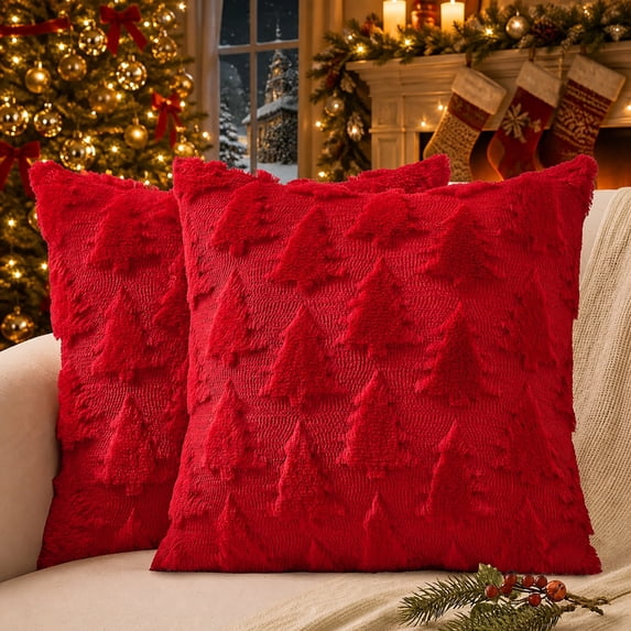 decorUhome Christmas Throw Pillow Covers 20x20 Pack of 2, Soft Plush Faux Wool Couch Pillow Covers, Red (Pillow Cover Only, No Inserts Included)