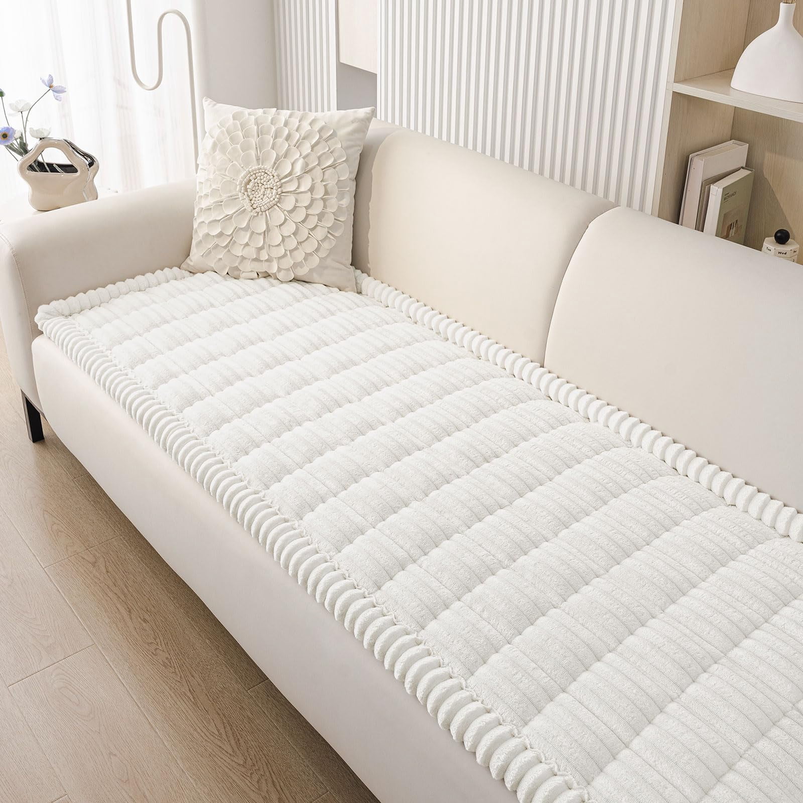 decorUhome Couch Covers for 2 Cushion Couch Sofa, Non Slip Fuzzy Couch Covers for Pets, Washable Slipcover for Dogs(White, 27.6" x 59")