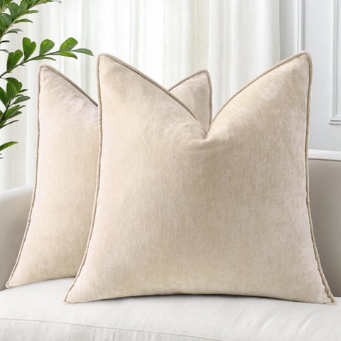 decorUhome Couch Throw Pillow Covers 18x18 Set of 2, Decorative Soft Neutral Chenille Pillow Covers, Beige
