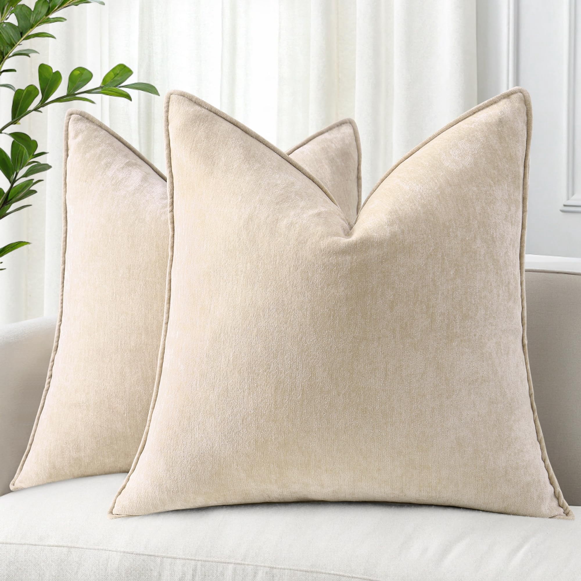 decorUhome Couch Throw Pillow Covers 22x22 Set of 2, Decorative Soft Neutral Chenille Pillow Covers, Beige