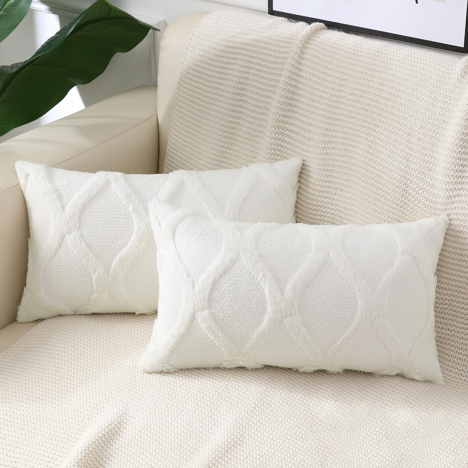 decorUhome Decorative Throw Pillow Covers 12x20 Set of 2, Soft Plush Faux Fur Wool Pillow Covers for Couch, Cream White