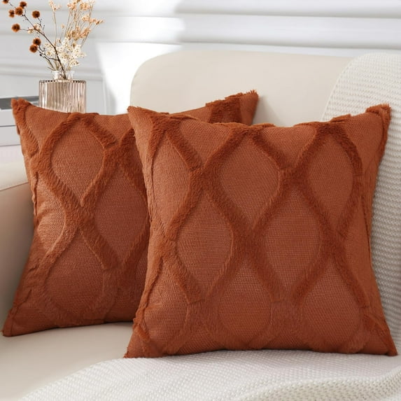 decorUhome Decorative Throw Pillow Covers 18x18 Set of 2, Soft Plush Faux Fur Wool Pillow Covers for Couch, Rust