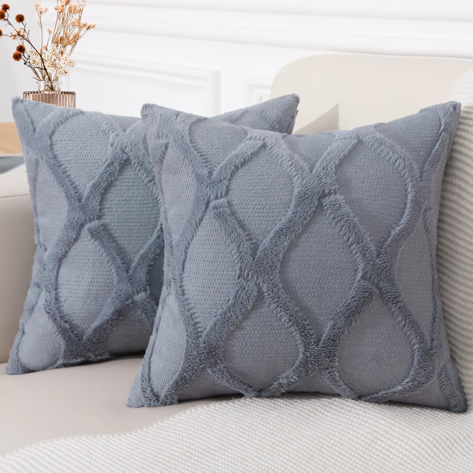 decorUhome Decorative Throw Pillow Covers 20x20 Set of 2, Soft Plush Faux Fur Wool Pillow Covers for Couch, Blue Grey