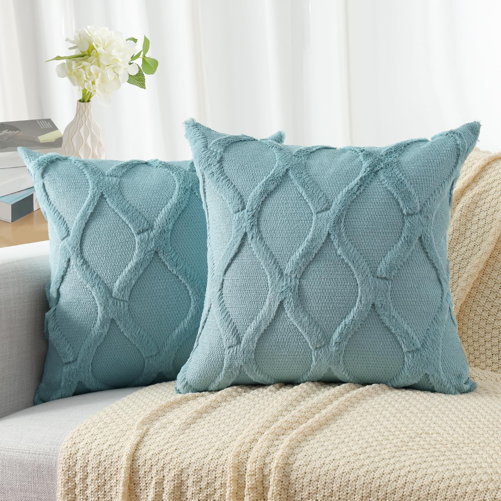 decorUhome Decorative Throw Pillow Covers 22x22 Set of 2, Soft Plush Faux Fur Wool Pillow Covers for Couch, Aqua