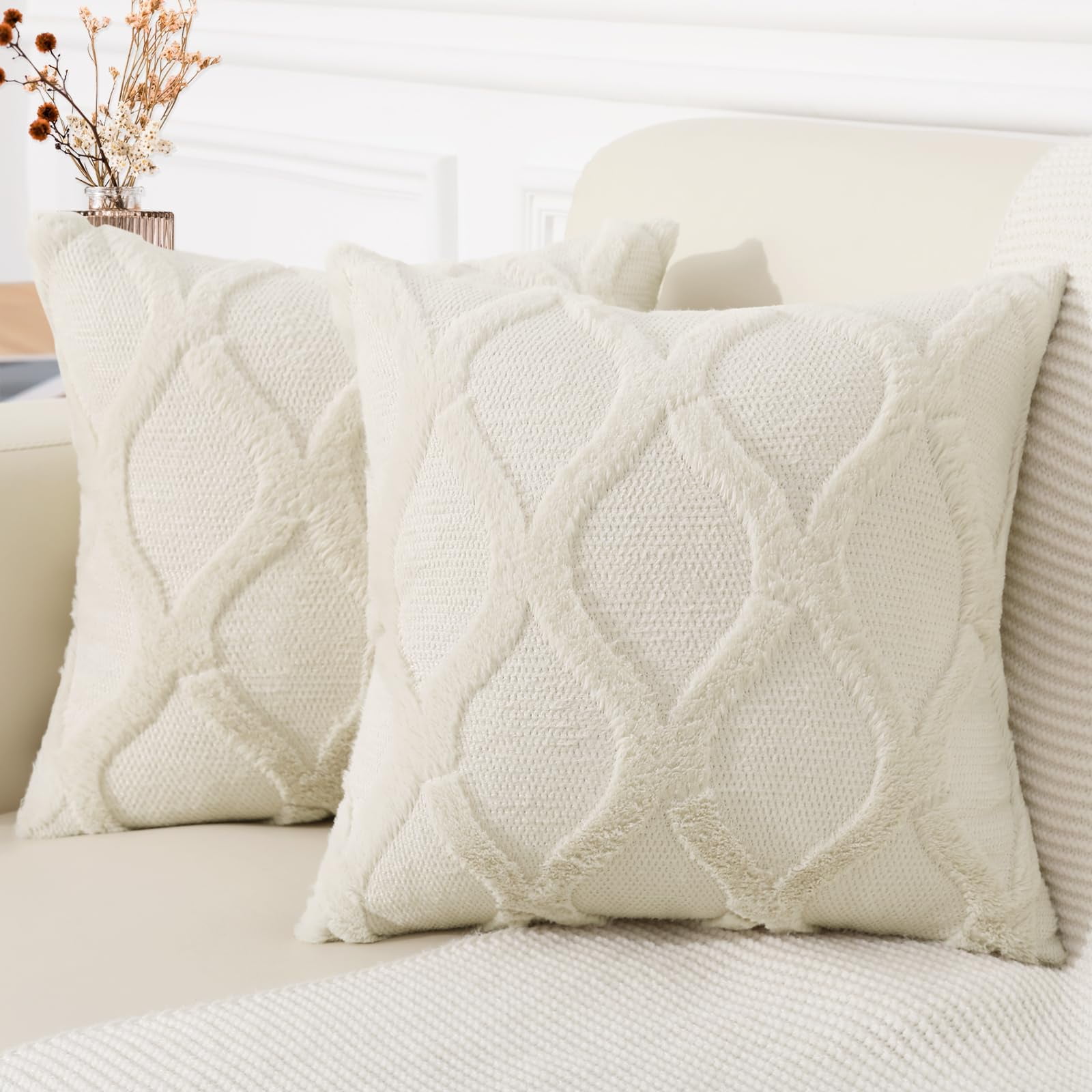 decorUhome Decorative Throw Pillow Covers 24x24 Set of 2, Soft Plush Faux Fur Wool Pillow Covers for Couch, Beige