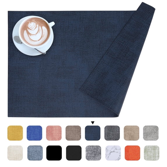 decorUhome Faux Leather Placemats Set of 6, Waterproof Wipeable Heat Resistant PU Table Mats for Dining, Navy Blue, 11.8" x 17"