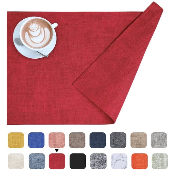 decorUhome Faux Leather Placemats Set of 6, Waterproof Wipeable Heat Resistant PU Table Mats for Dining, Red, 11.8" x 17"
