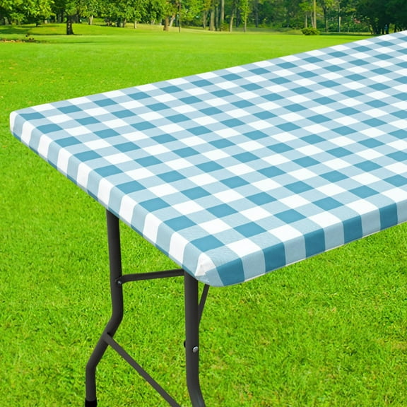decorUhome Fitted Checkered Tablecloth, Vinyl Rectangular Table Cloth for 30"×72"in(90"×197"cm) Tables, Waterproof Buffalo Plaid Table Cover, Aqua and White