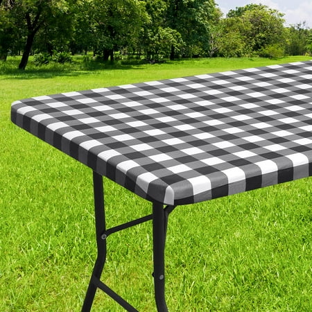 decorUhome Fitted Checkered Tablecloth, Vinyl Rectangular Table Cloth for 30"×72"in(90"×197"cm) Tables, Waterproof Buffalo Plaid Table Cover, Black and White